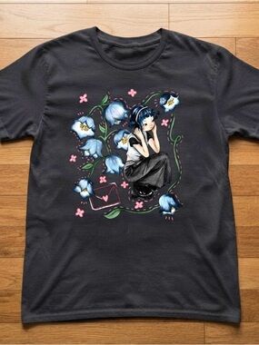 Anime Girl & Blue Bellflowers Anime Aesthetic Graphic Tee